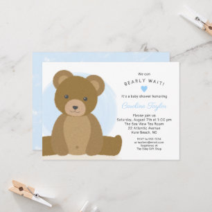 Invitación Cute Teddy Bear Blue Heart Boy Baby Shower