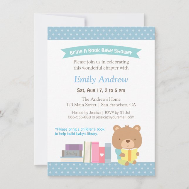 Invitación Cute Teddy Bear Blue Polka Dots Book Baby Shower (Anverso)