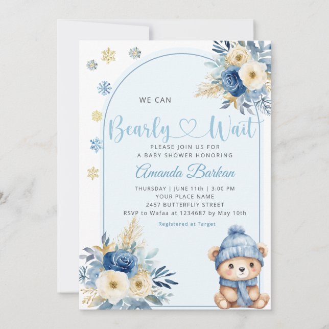 Invitación Cute Teddy Bear Boy Blue Bearly Wait Baby Shower (Anverso)