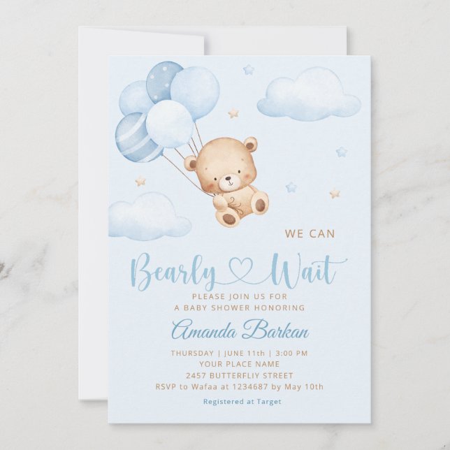 Invitación Cute Teddy Bear Boy Blue Bearly Wait Baby Shower (Anverso)