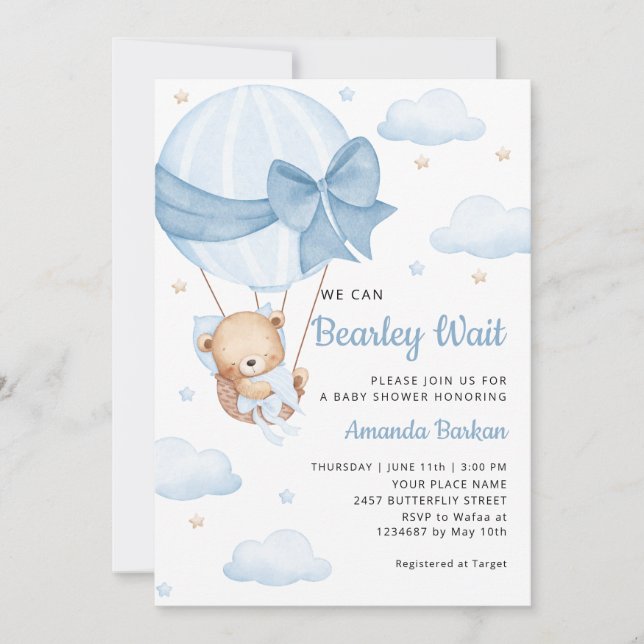 Invitación Cute Teddy Bear Boy Blue Bearly Wait Baby Shower (Anverso)