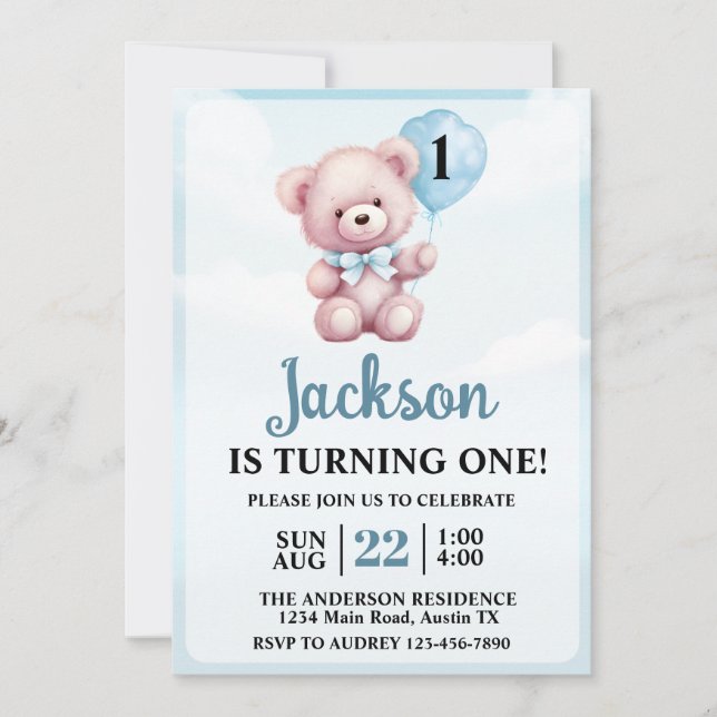 Invitación Cute Teddy Bear Boy fiesta de cumpleaños (Anverso)