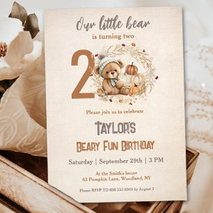 Invitación Cute Teddy Bear Cae Calabaza Niño Segundo Cumpleañ