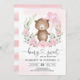 Invitación Cute Teddy Bear Chica Fiesta de los globos cardíac
