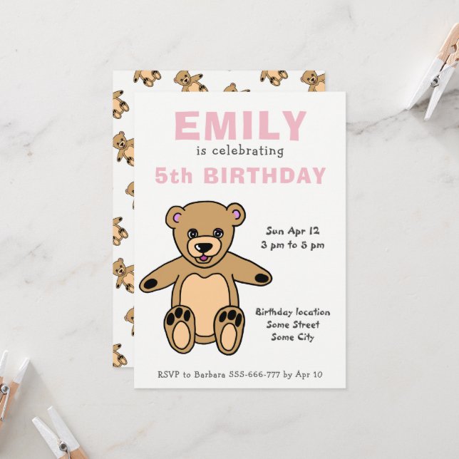 Invitación Cute Teddy Bear Chica Rosa Cumpleaños (Anverso/Reverso In Situ)