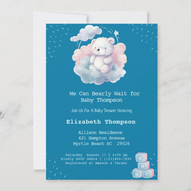 Invitación Cute Teddy Bear Cloud Bearly Wait Baby Shower (Anverso)