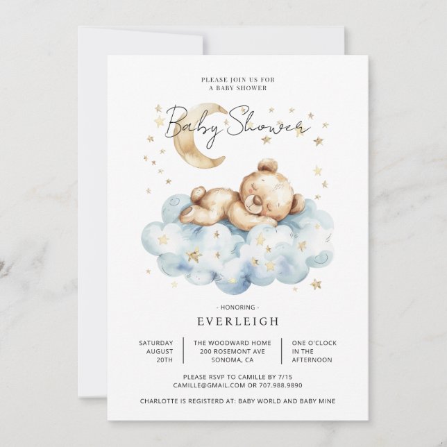 Invitación Cute Teddy Bear Cloud Moon Baby Shower (Anverso)