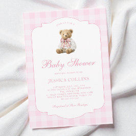 Invitación Cute Teddy Bear Coquette Bow Pink Girl Baby Shower