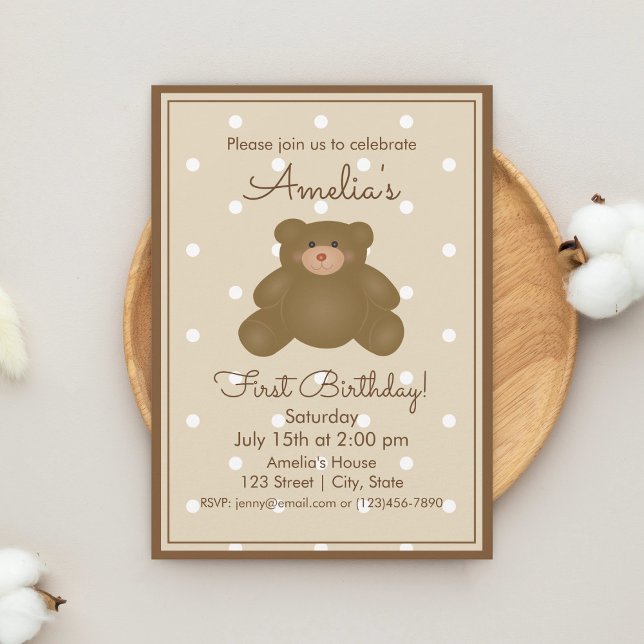 Invitación Cute Teddy Bear Cub Bebé Primer Cumpleaños Niños F (Subido por el creador)
