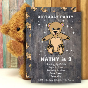 Invitación Cute Teddy Bear Dibujando Wood Boy Chica Cumpleaño