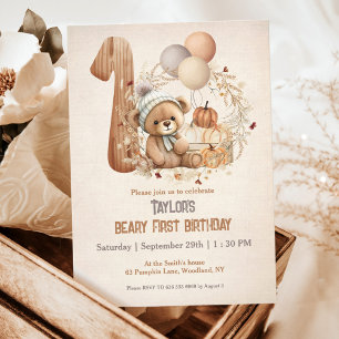 Invitación Cute Teddy Bear Fall Pumpkins Beary 1er cumpleaños