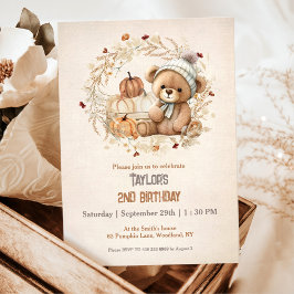 Invitación Cute Teddy Bear Fall Pumpkins Boy Cumpleaños