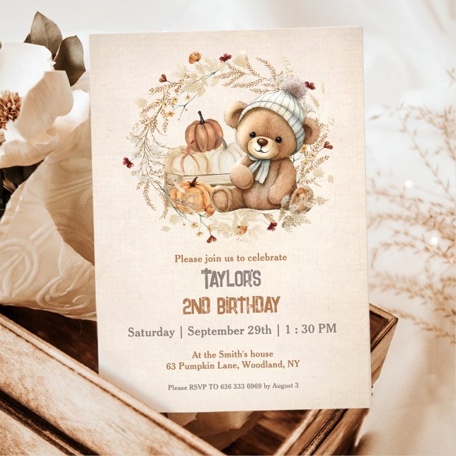 Invitación Cute Teddy Bear Fall Pumpkins Boy Cumpleaños (Cute Teddy Bear Fall Pumpkins Boy Birthday Invitation)