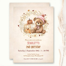 Invitación Cute Teddy Bear Fall Pumpkins Chica Cumpleaños