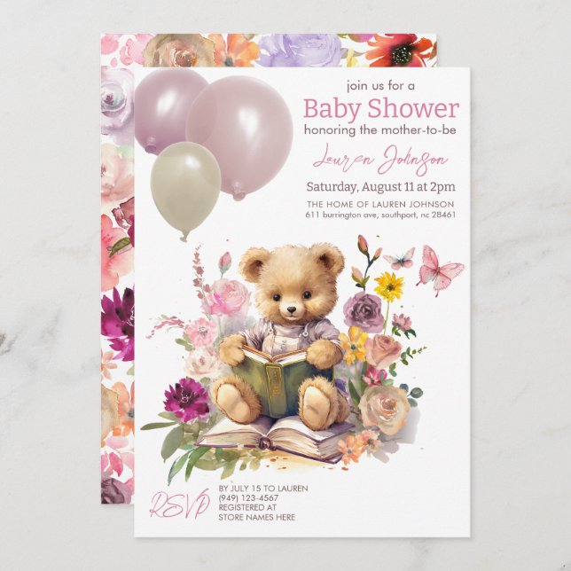Invitación Cute Teddy Bear Floral Globos rosados Baby Shower (Anverso / Reverso)