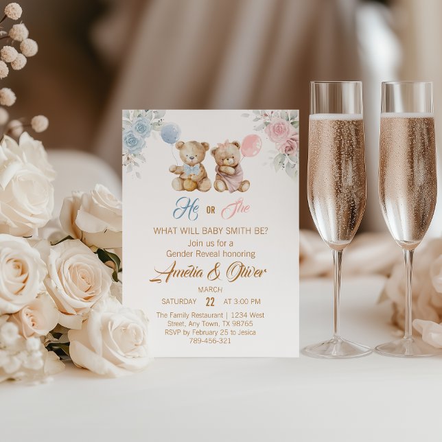 Invitación Cute Teddy Bear Gender Reveal Blue Pink Balloons (Subido por el creador)