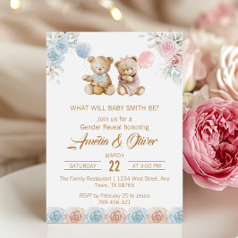 Invitación Cute Teddy Bear Gender Reveal Pink Blue Roses