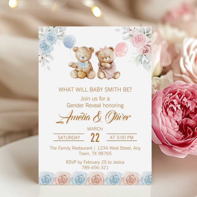 Invitación Cute Teddy Bear Gender Reveal Pink Blue Roses (Subido por el creador)