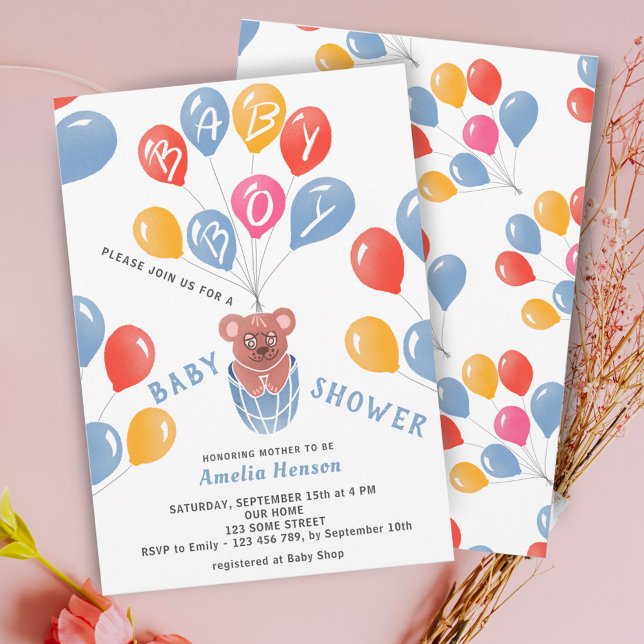 Invitación Cute Teddy Bear Globos Baby Boy Baby Shower (Subido por el creador)