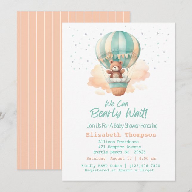 Invitación Cute Teddy Bear Globos de aire caliente Baby Showe (Anverso / Reverso)