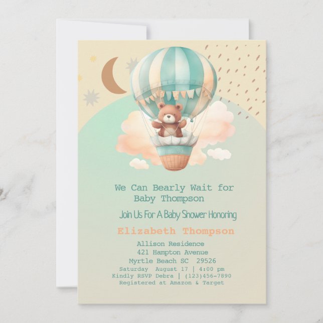 Invitación Cute Teddy Bear Globos de aire caliente Baby Showe (Anverso)