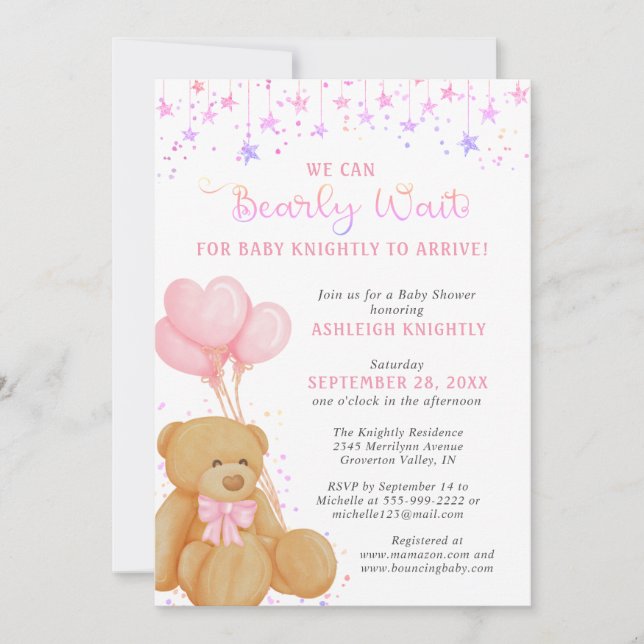 Invitación Cute Teddy Bear Globos Rosa Baby Shower (Anverso)