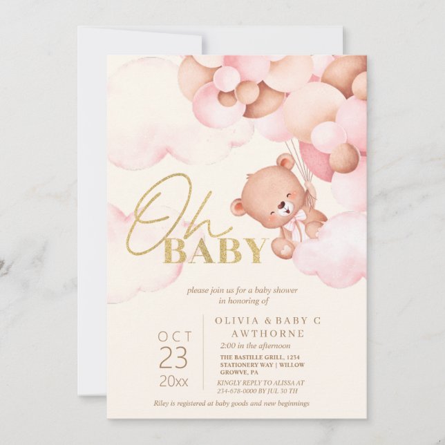 Invitación Cute Teddy Bear Globos Rosa Bebé Chica Ducha (Anverso)
