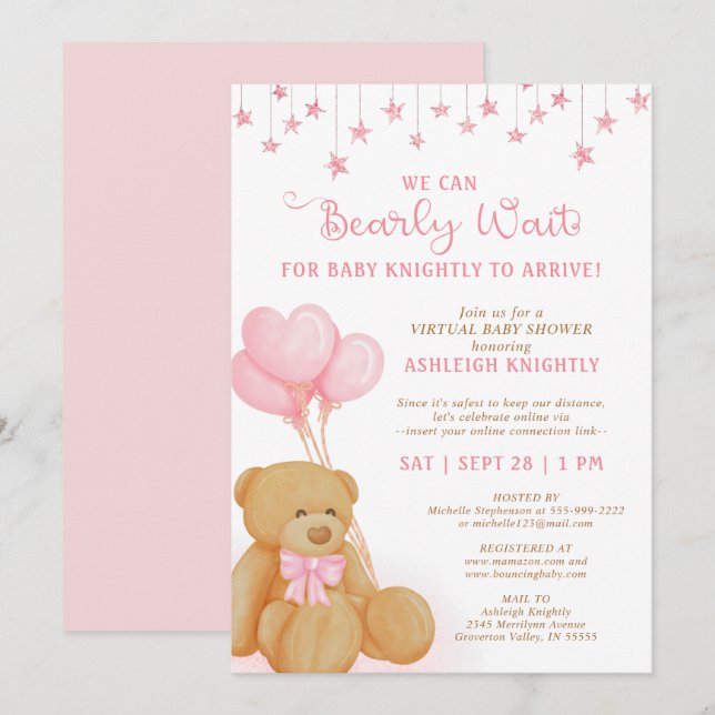 Invitación Cute Teddy Bear Globos rosados en Baby Shower virt (Anverso / Reverso)