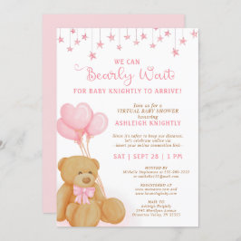 Invitación Cute Teddy Bear Globos rosados en Baby Shower virt