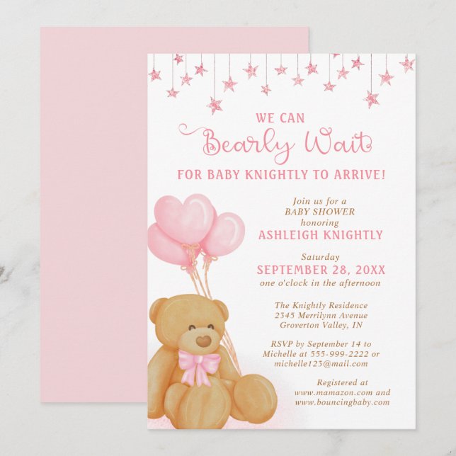 Invitación Cute Teddy Bear Globos rosas Estrellas Baby Shower (Anverso / Reverso)