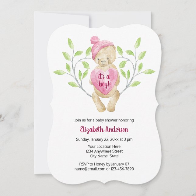Invitación Cute Teddy Bear Heart Baby Shower (Anverso)