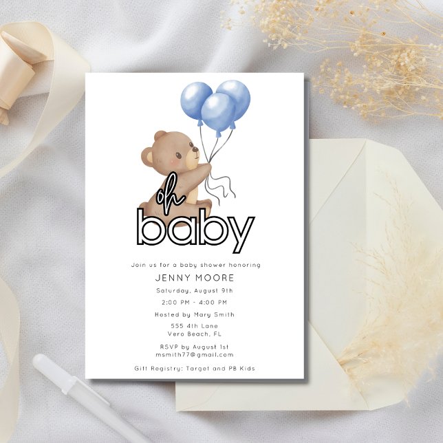 Invitación Cute Teddy Bear Holding Globons Baby Shower (Cute Teddy Bear Holding Balloons Baby Shower Invitation)