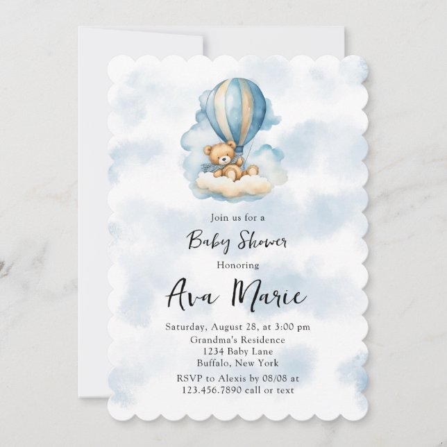Invitación Cute Teddy Bear Hot Air Balloon Boy Baby Shower (Anverso)
