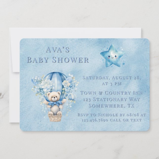 Invitación Cute Teddy Bear Hot Air Balloon Boy Baby Shower (Anverso)