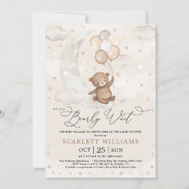 Invitación Cute Teddy Bear Moon Globos Neutrales Baby Shower