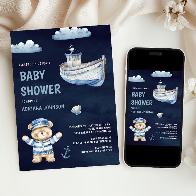 Invitación Cute Teddy Bear Nautical Boat Navy Baby Shower (Subido por el creador)