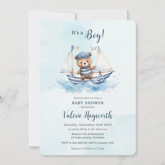 Invitación Cute Teddy Bear Nautical Bote Boy Baby Shower (Anverso)