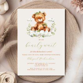Invitación Cute Teddy Bear Neutral Green Leaves Baby Shower