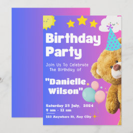 Invitación Cute Teddy Bear Niños Estrella Fiesta de Cumpleaño