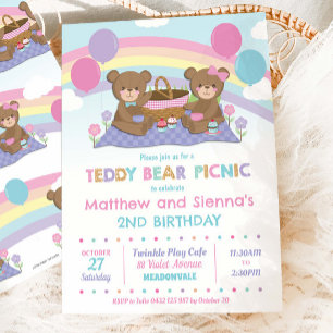 Invitación Cute Teddy Bear Picnic Birthday Twys Boy Chica