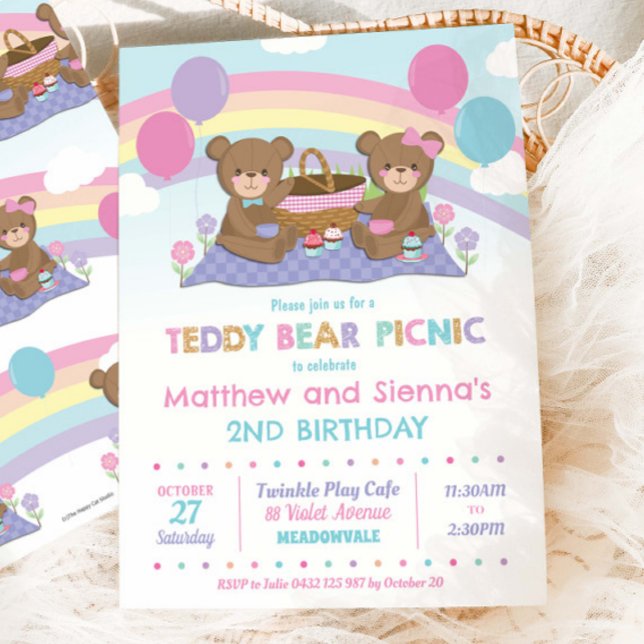 Invitación Cute Teddy Bear Picnic Birthday Twys Boy Chica (Subido por el creador)