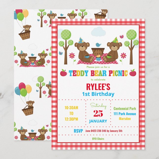 Invitación Cute Teddy Bear Picnic Primer cumpleaños Fiesta Ch (Anverso / Reverso)