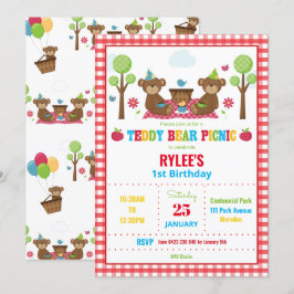 Invitación Cute Teddy Bear Picnic Primer cumpleaños Fiesta Ch