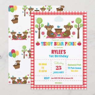 Invitación Cute Teddy Bear Picnic Primer cumpleaños Fiesta Ch