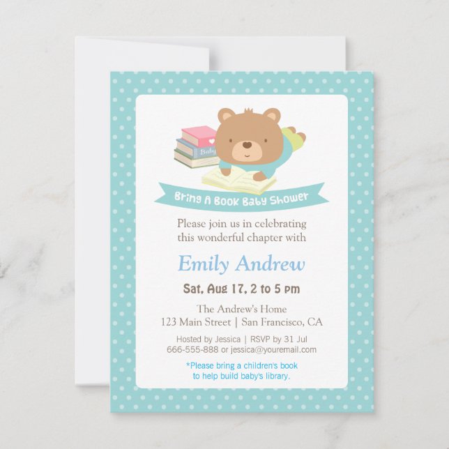 Invitación Cute Teddy Bear Polka Dots Libro Temático Baby Sho (Anverso)