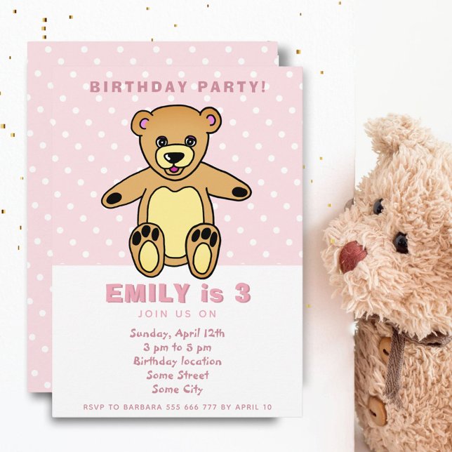 Invitación Cute Teddy Bear Polka Rosa Dot Chica Cumpleaños (Subido por el creador)