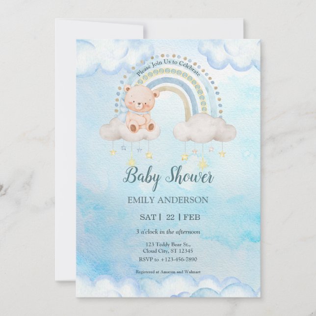 Invitación Cute Teddy Bear Raimbow Clouds (Anverso)