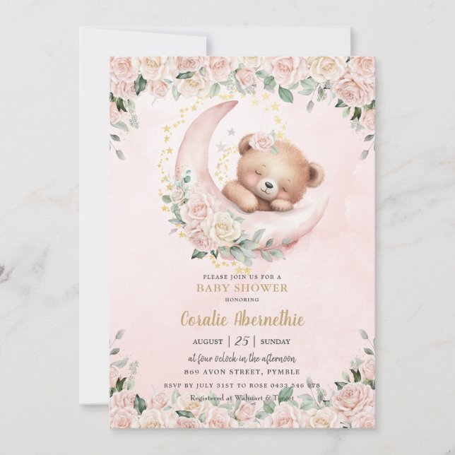 Invitación Cute Teddy Bear Rubor Chica Floral Rosa Baby Showe (Anverso)