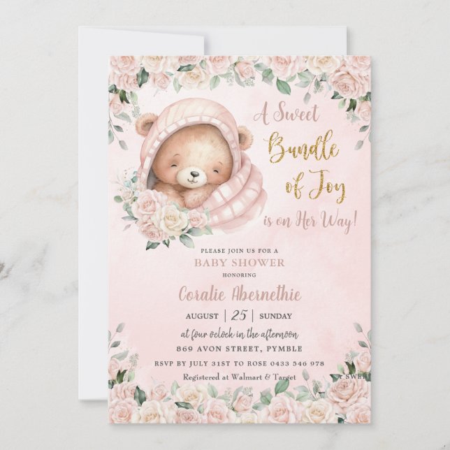 Invitación Cute Teddy Bear Rubor Chica Floral Rosa Baby Showe (Anverso)