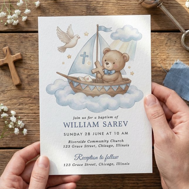 Invitación Cute Teddy Bear Sailboat Baptism Invitation Design (Teddy Bear Baptism Invitation with Cross, Boat and Clouds)